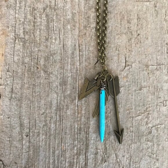 Turquoise Spike Antique Brass Charm Necklace Unisex - 24 Inch Chain - Picture 4 of 5
